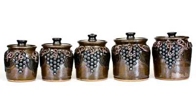 Rare Set of Five Lanier Meaders Stoneware Canisters w/ Applied Grapes, Cleveland, GA