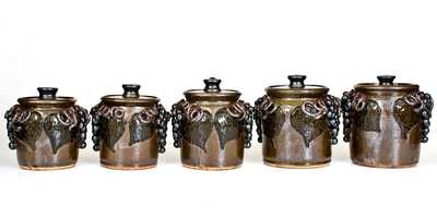 Rare Set of Five Lanier Meaders Stoneware Canisters w/ Applied Grapes, Cleveland, GA