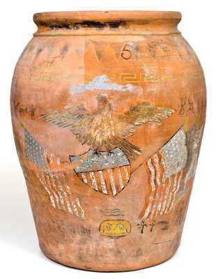 Very Unusual 5 Gal. J. A. BAUER POTTERY CO. / LOS ANGELES, CA Redware Oil Jar