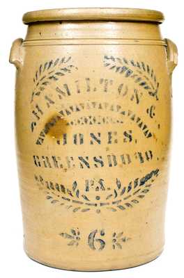 6 Gal. HAMILTON & JONES / GREENSBORO, PA Stoneware Jar with Stenciled Decoration