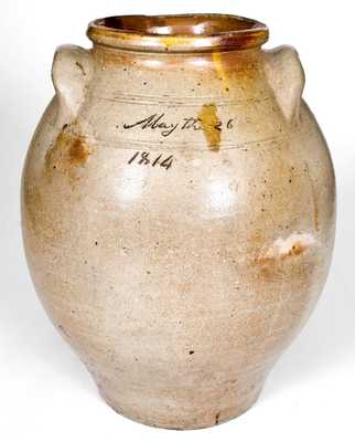 Unusual 4 Gal. Stoneware Jar Inscribed