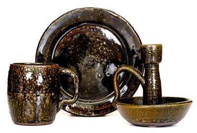 Three Alkaline-Glazed Stoneware Articles (Candlestick, Mug, Plate), Signed Lanier Meaders