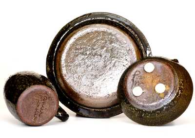 Three Alkaline-Glazed Stoneware Articles (Candlestick, Mug, Plate), Signed Lanier Meaders