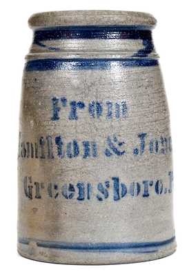 "From / Hamilton & Jones / Greensboro, Pa." Stoneware Canning Jar w/ Stripes