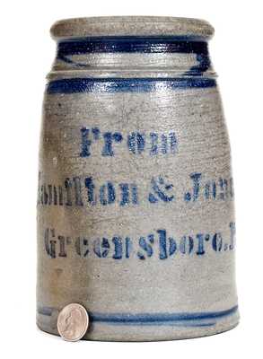"From / Hamilton & Jones / Greensboro, Pa." Stoneware Canning Jar w/ Stripes