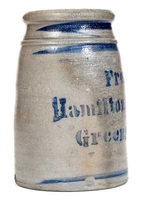 "From / Hamilton & Jones / Greensboro, Pa." Stoneware Canning Jar w/ Stripes