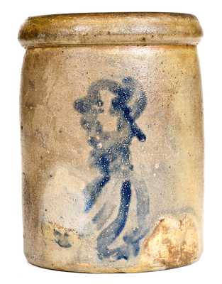 Unusual Ohio Stoneware Jar with Cobalt Man Decoration