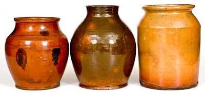 Lot of Three: New England Redware Jars incl. Yellow, Olive, and Manganese-Decorated Examples