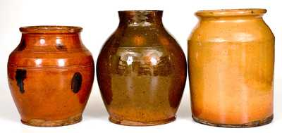 Lot of Three: New England Redware Jars incl. Yellow, Olive, and Manganese-Decorated Examples