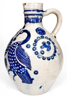 Exceptional 18th Century Westerwald Stoneware Pitcher w/ Incised Birds and Impressed Horses