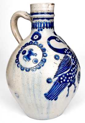Exceptional 18th Century Westerwald Stoneware Pitcher w/ Incised Birds and Impressed Horses