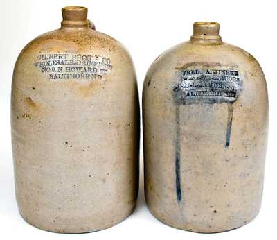 Lot of Two: 1 Gal. Baltimore Stoneware Liquor Jugs, GILBERT BROS and FRED A. WINEKE