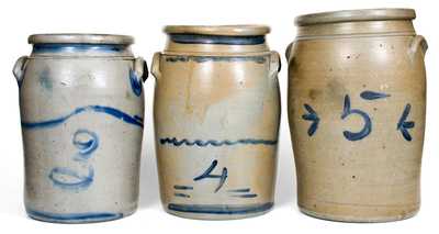 Lot of Three: Graduated 3, 4, and 5 Gal. Western PA Stoneware Jars w/ Freehand Numerals