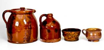 Lot of Four: Redware Cup, Dish, Jug and Batter Pitcher w/ Glazed Decoration