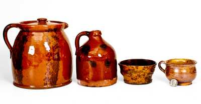 Lot of Four: Redware Cup, Dish, Jug and Batter Pitcher w/ Glazed Decoration
