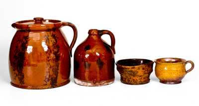 Lot of Four: Redware Cup, Dish, Jug and Batter Pitcher w/ Glazed Decoration