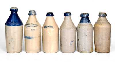 Lot of Six: Fine Stoneware Bottle Collection incl. Cobalt-Highlighted and Dated Examples