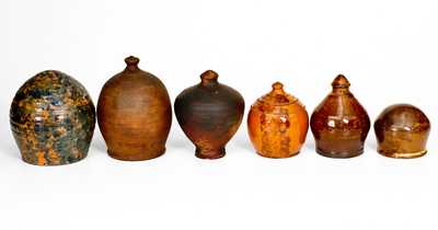 Lot of Six: Redware Banks incl. Glazed Philadelphia and Henry Schofield Examples