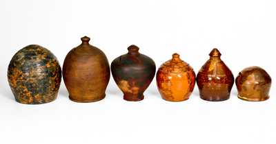 Lot of Six: Redware Banks incl. Glazed Philadelphia and Henry Schofield Examples