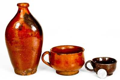 Lot of Three: New England Redware incl. Norwalk, CT Flask and Two Tea Cups