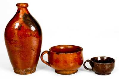 Lot of Three: New England Redware incl. Norwalk, CT Flask and Two Tea Cups