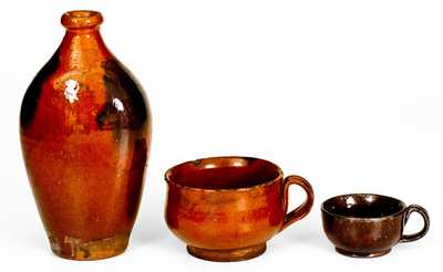 Lot of Three: New England Redware incl. Norwalk, CT Flask and Two Tea Cups