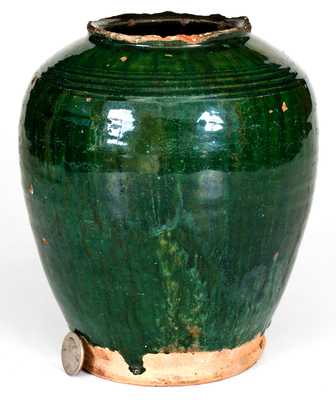 Rare Copper-Glazed Redware Jar, Bristol County, MA origin, late 18th or early 19th century.