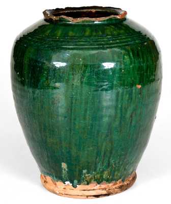 Rare Copper-Glazed Redware Jar, Bristol County, MA origin, late 18th or early 19th century.