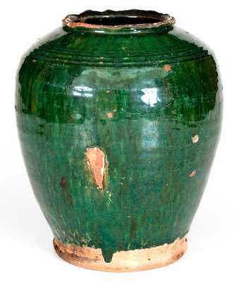 Rare Copper-Glazed Redware Jar, Bristol County, MA origin, late 18th or early 19th century.