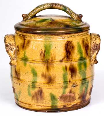 Rare and Fine Eastern PA Lidded Redware Jar w/ Ornamental Handles and Three-Color Glaze