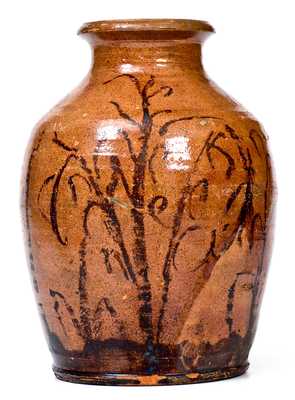 Outstanding Tennessee Redware Jar w/ Elaborate Manganese Cornstalk Decoration