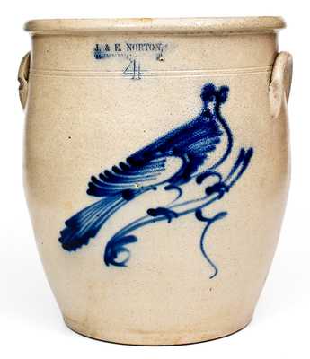 4 Gal. J. & E. NORTON / BENNINGTON, VT Stoneware Jar w/ Bold Bird Decoration