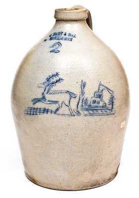 Outstanding C. HART & SON / SHERBURNE Stoneware Jug w/ Incised Deer and House