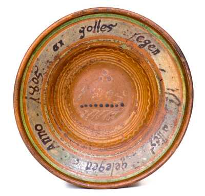 Rare 1805 Redware Bowl with German Inscription, possibly Singer Pottery, Haycock Twp, PA