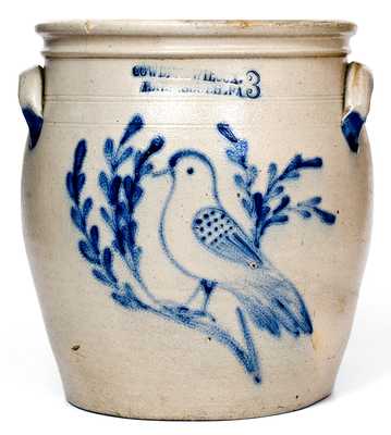 Scarce 3 Gal. COWDEN & WILCOX / HARRISBURG, PA Stoneware Jar w/ Elaborate Bird Scene