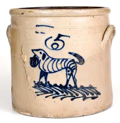 5 Gal. S. HART / FULTON Stoneware Crock with Dog Decoration