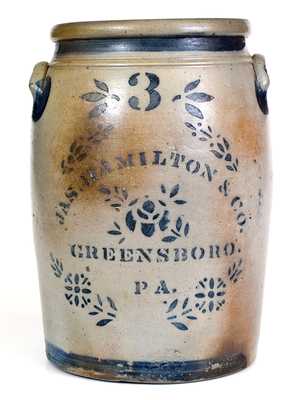 3 Gal. JAS. HAMILTON & CO. / GREENSBORO, PA Stoneware Jar w/ Stenciled Decoration