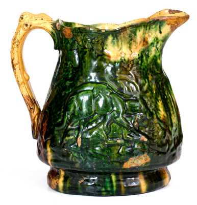 Very Rare Multi-Glazed Redware Hunt Scene Pitcher, S. Bell & Son, Strasburg, VA