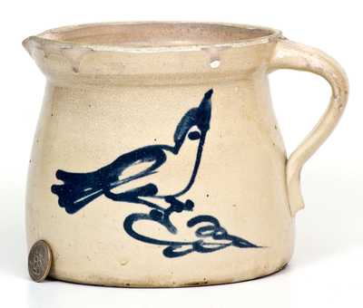 Unusual Fulper (Flemington, NJ) Stoneware Batter Pitcher w/ Cobalt Bird Decoration