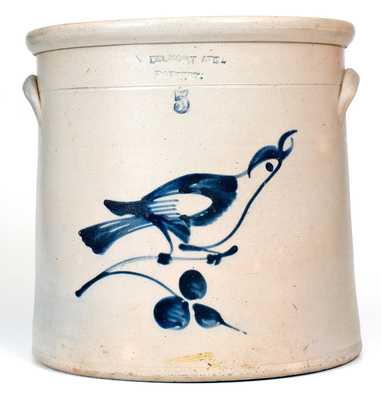 Rare 5 Gal. BELMONT AVE. POTTERY Stoneware Crock with Bird Decoration