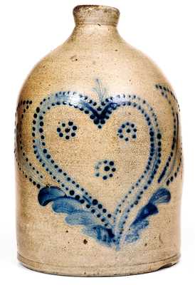 Rare 1 Gal. Att. Pfaltzgraff, York, PA Stoneware Jug w/ Heart Decoration