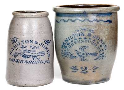 Lot of Two: HAMILTON & JONES / GREENSBORO, PA Stoneware Bird Jars