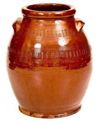 Unusual New England Redware Handled Jar w/ Incised Decoration