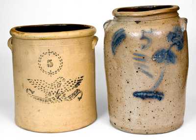 Lot of Two: 5 Gal. Ohio Stoneware Jars incl. Stenciled Eagle Decoration