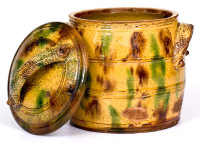 Rare and Fine Eastern PA Lidded Redware Jar w/ Ornamental Handles and Three-Color Glaze