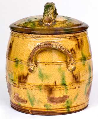 Rare and Fine Eastern PA Lidded Redware Jar w/ Ornamental Handles and Three-Color Glaze