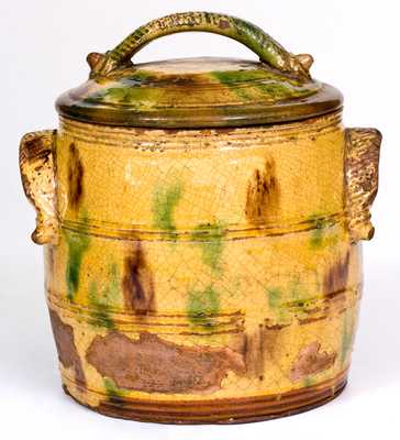Rare and Fine Eastern PA Lidded Redware Jar w/ Ornamental Handles and Three-Color Glaze