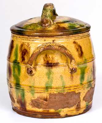 Rare and Fine Eastern PA Lidded Redware Jar w/ Ornamental Handles and Three-Color Glaze