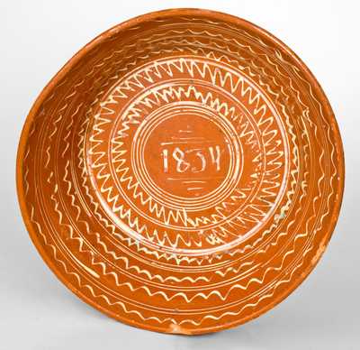 Profusely-Decorated 1834 American Redware Bowl, probably New England