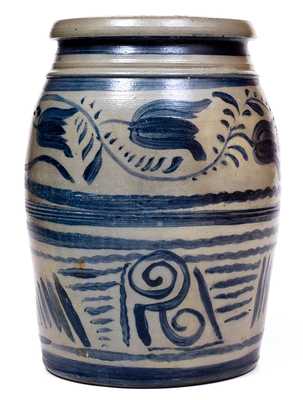 Greensboro, PA Stoneware Jar with Elaborate Freehand Floral and Stripe Decoration